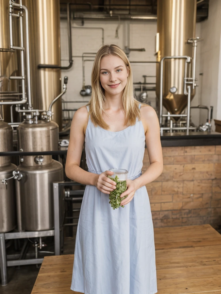 her name is Marie, high quality, 1girl, ((20-year-old fit Caucasian woman)), ((20 years old)), ((fit)), ((pale skin tone)), medium length straight blonde hair , wearing Pastel Lavender Linen Wrap Dress, pose: standing, background: Highlight the inviting ambiance of a local brewery's taproom, with exposed brick walls, long communal tables, and the aroma of hops and malt blending with the hum of conversation.