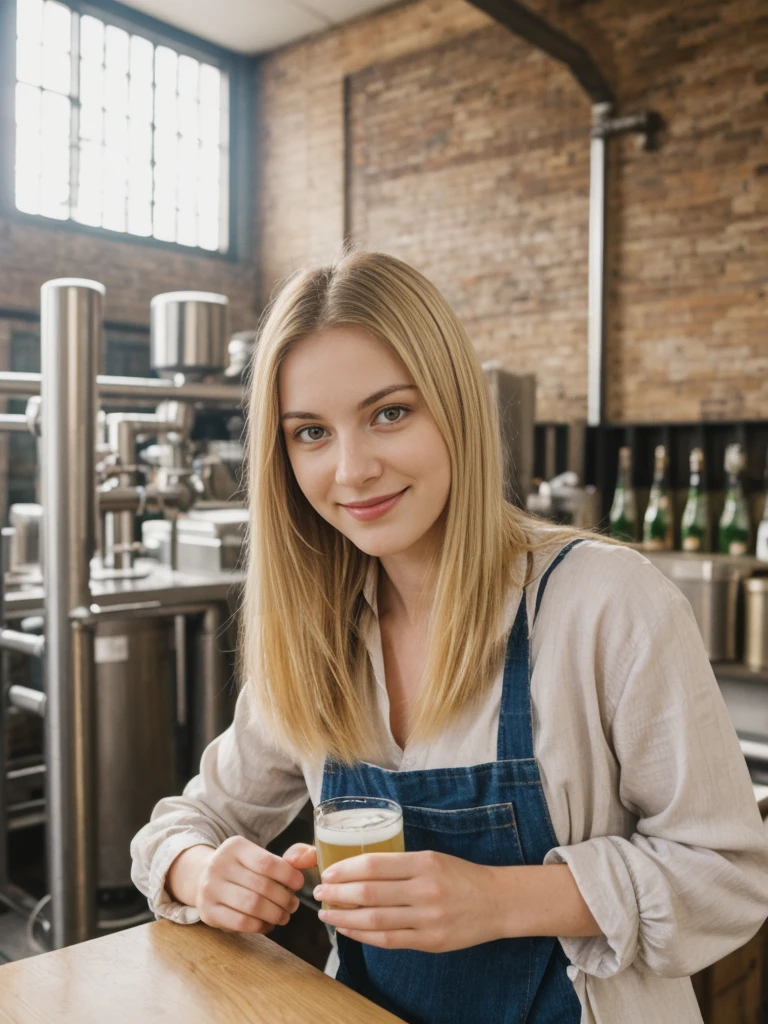 solo, realistic, photorealistic, natural lighting, (large forehead, (((Latvian woman))), (((Latvian nose))), (((Latvian eyes))), (((blonde))), (((braids))), (((Latvian face))), (((Latvian lips))), (((Latvian body))), (((fair complexion))) pose: standing, smiling, wearing Sequin Mini Dress, cleavage, background: Situated in an industrial district-turned-hipster enclave, The Craft Brewpub is a hub for beer enthusiasts and aficionados of local flavors. The interior boasts exposed brick walls, industrial lighting, and communal tables made from reclaimed wood. Behind the bar, gleaming stainless steel tanks showcase the brewing process, while chalkboards list rotating taps of small-batch beers brewed on-site. Patrons engage in lively discussions about hop profiles and brewing techniques, sampling flights of IPAs, stouts, and seasonal ales. The atmosphere is convivial, with a focus on community, creativity, and the art of craft brewing.
