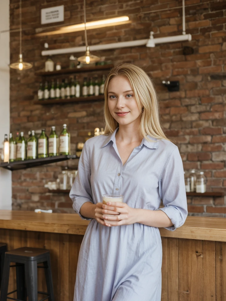 her name is Marie, high quality, 1girl, ((20-year-old fit Caucasian woman)), ((20 years old)), ((fit)), ((pale skin tone)), medium length straight blonde hair , wearing Pastel Lavender Linen Wrap Dress, pose: standing, background: Highlight the inviting ambiance of a local brewery's taproom, with exposed brick walls, long communal tables, and the aroma of hops and malt blending with the hum of conversation.
