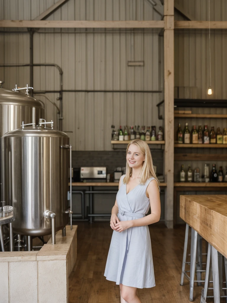 her name is Marie, high quality, 1girl, ((20-year-old fit Caucasian woman)), ((20 years old)), ((fit)), ((pale skin tone)), medium length straight blonde hair , wearing Pastel Lavender Linen Wrap Dress, pose: standing, background: Highlight the inviting ambiance of a local brewery's taproom, with exposed brick walls, long communal tables, and the aroma of hops and malt blending with the hum of conversation.