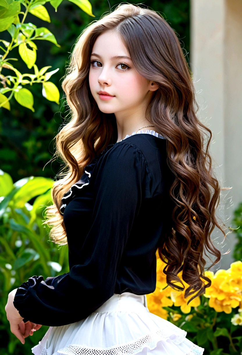 Thick wavy long hair that goes down to the hips, Side view of the upper body of an attractive -yeld wo)), ( perfect body_moderate medium chest, A slender waist, wide pelvis, Beautiful long hair ), ( very beautiful little face_detailed eyes nose mouth ), pale skin, Gorgeous black blouse and white frilly skirt, background_simple nature, elegant portrait, 8K, high resolution, Delicate depictions,