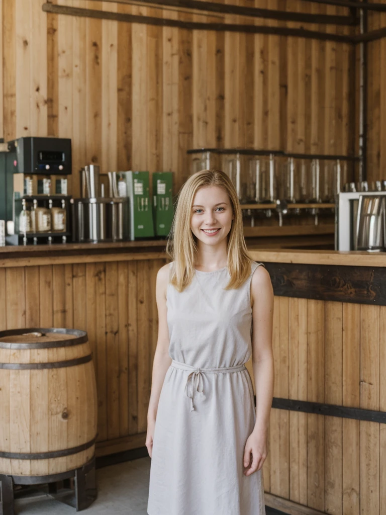 her name is Marie, high quality, 1girl, ((20-year-old fit Caucasian woman)), ((20 years old)), ((fit)), ((pale skin tone)), medium length straight blonde hair , wearing Pastel Lavender Linen Wrap Dress, pose: standing, background: Highlight the inviting ambiance of a local brewery's taproom, with exposed brick walls, long communal tables, and the aroma of hops and malt blending with the hum of conversation.