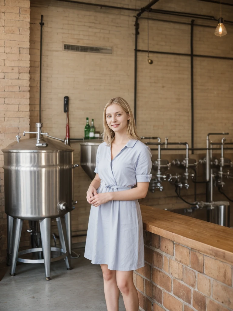 her name is Marie, high quality, 1girl, ((20-year-old fit Caucasian woman)), ((20 years old)), ((fit)), ((pale skin tone)), medium length straight blonde hair , wearing Pastel Lavender Linen Wrap Dress, pose: standing, background: Highlight the inviting ambiance of a local brewery's taproom, with exposed brick walls, long communal tables, and the aroma of hops and malt blending with the hum of conversation.
