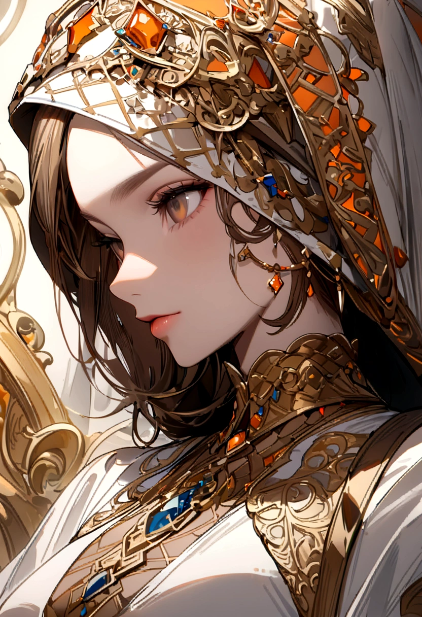 Close-up, top part, portraiture masterpiece,((High quality, high definition, high resolution, highly detailed )) Girl, hijab, long embellished dress, neon orange, blue, golden white, fantasy, complex digital drawing, stunning, attractive, clear, dream, deep, neon brown