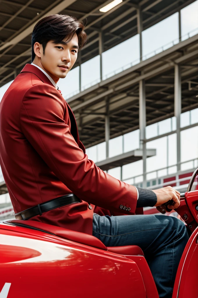 A front view of handsome Korean man riding red car in the racing field