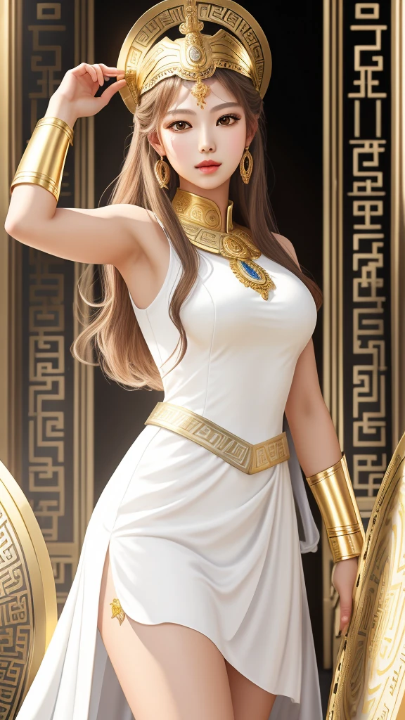 Greek goddess Athena, greek style white dress, Golden armor, golden shield. rostro de jennie kim. Buen cuerpo, cuerpo completo