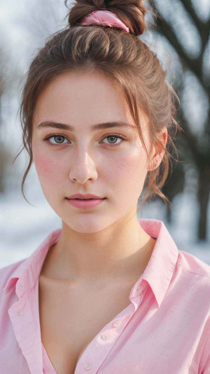 Portraiture, 20 year old brunette german girl, Sexy and attractive expression, Wearing a pink shirt, Messy bun, 8k, highest quality, masterpiece, (Looking into the camera:1.3), photograph, (beautiful), realistic skin, realistic skin texture, big breast, fair, bright, cold weather, winters, 