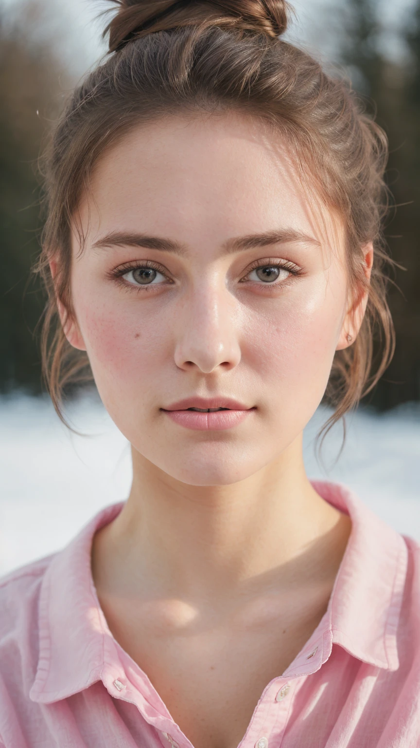 Portraiture, 20 year old brunette german girl, Sexy and attractive expression, Wearing a pink shirt, Messy bun, 8k, highest quality, masterpiece, (Looking into the camera:1.3), photograph, (beautiful), realistic skin, realistic skin texture, big breast, fair, bright, cold weather, winters,
