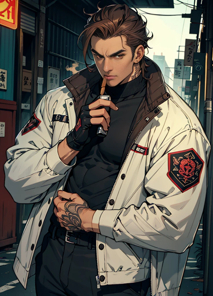 Mafia,male,45 years old,exuding a dangerous aura,white skin,well-proportioned figure,handsome face,ivory skin,strong physique,red eyes,brown hair,prominent eyebrows,intricate and detailed retro gun tattoos on both arms,black jacket,pants and gloves,and a stern face. A cigar is biting on his mouth,anime,