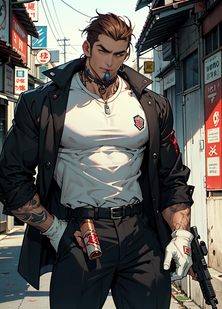 Mafia,male,45 years old,exuding a dangerous aura,white skin,well-proportioned figure,handsome face,ivory skin,strong physique,red eyes,brown hair,prominent eyebrows,intricate and detailed retro gun tattoos on both arms,black jacket,pants and gloves,and a stern face. A cigar is biting on his mouth,anime,