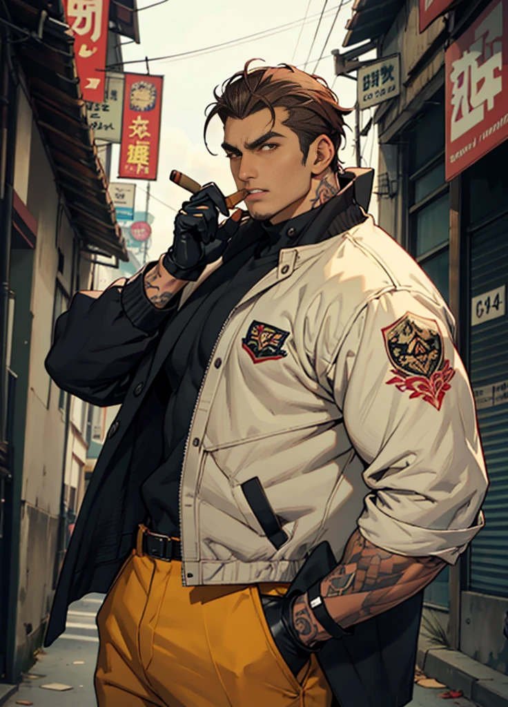 Mafia,male,45 years old,exuding a dangerous aura,white skin,well-proportioned figure,handsome face,ivory skin,strong physique,red eyes,brown hair,prominent eyebrows,intricate and detailed retro gun tattoos on both arms,black jacket,pants and gloves,and a stern face. A cigar is biting on his mouth,anime,