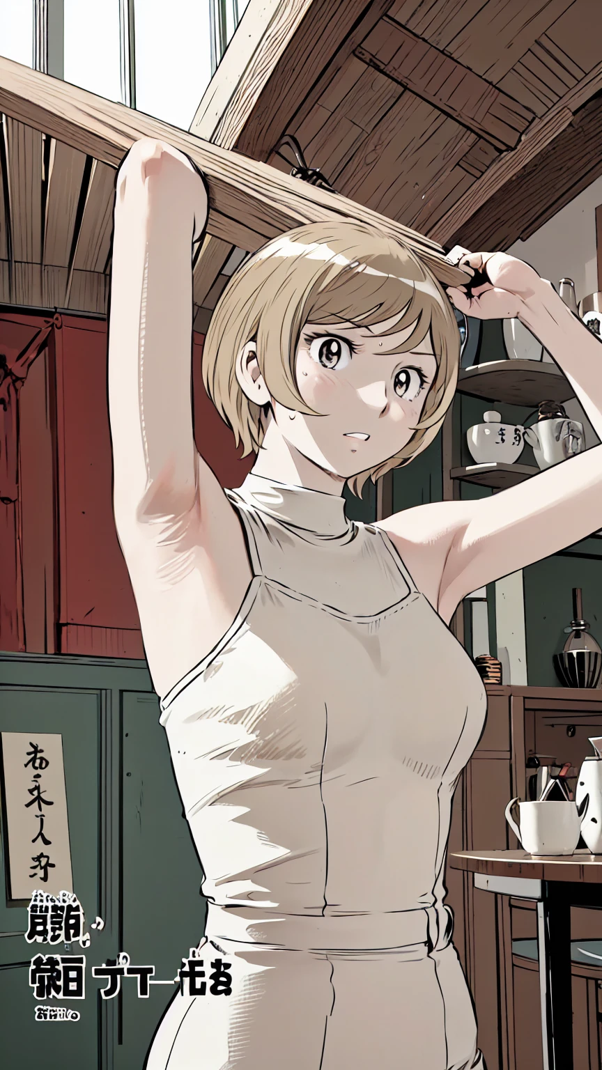 、(masterpiece、Highest quality)、Highest quality, Ultra-high resolution, (((masterpiece))), alone, Sweat、Big eyes,Please raise your arms and show your armpits, No sleeve、indoor、one piece、Composition from the front、(Cut the back hair short、short hair、blonde、woman)、Shortcuts、Embarrassed face、Cut your hair short、可愛いwomanの子、Big Breasts