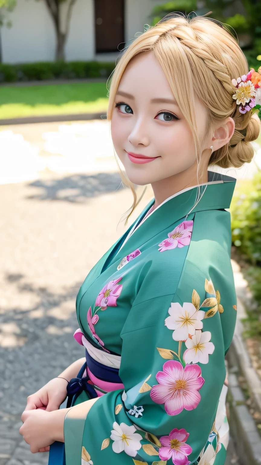 Blonde kimono beauty、Gorgeous floral patterned kimono、My cute girlfriend is a kimono model..、Green Eyes、Beautiful smile、He is short、Braiding、hair ornaments、Colorful and showy kimono、