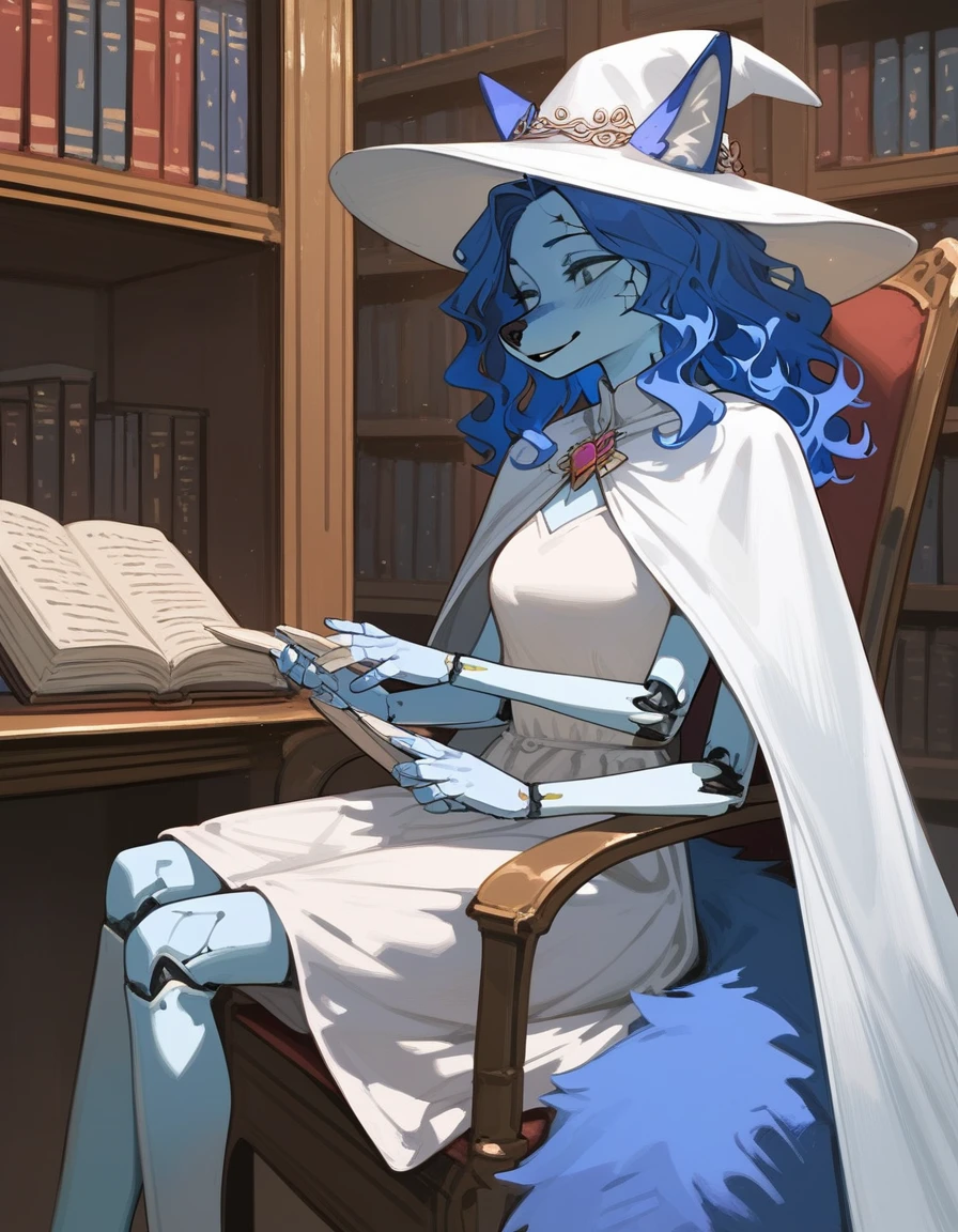 Score_9, score_8_up, score_7_up, masterpiece, best quality, 1girl, solo, an Anthro furry blue fox girl, fox snout, black nose, IncrsXLRanni, wavy hair, cracked skin, colored skin, blue fur, extra arms, four arms, doll joints, white dress, white hat, white cloak, sitting on a chair, in a magical library, in a tower, all four hands on her lap, smiling, lounging