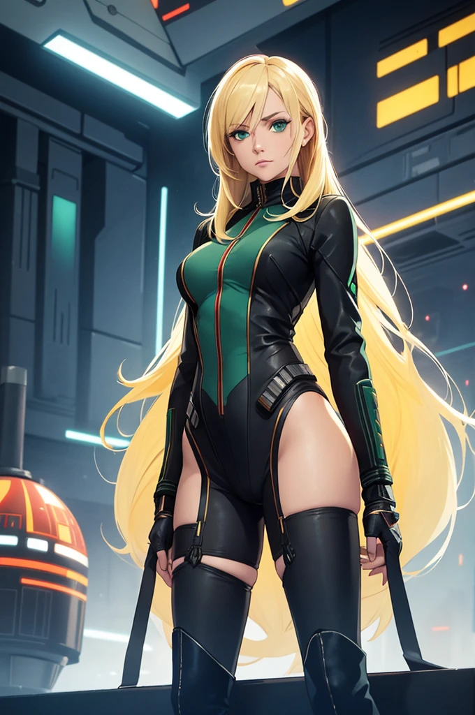 Female senator from Star Wars. Politcian. Coruscant background. Young, fit. Blonde longer hair. Green eyes. Wearing tight clothing. Visible stockings. High heel boots. Clothing is high class. Visible cameltoe