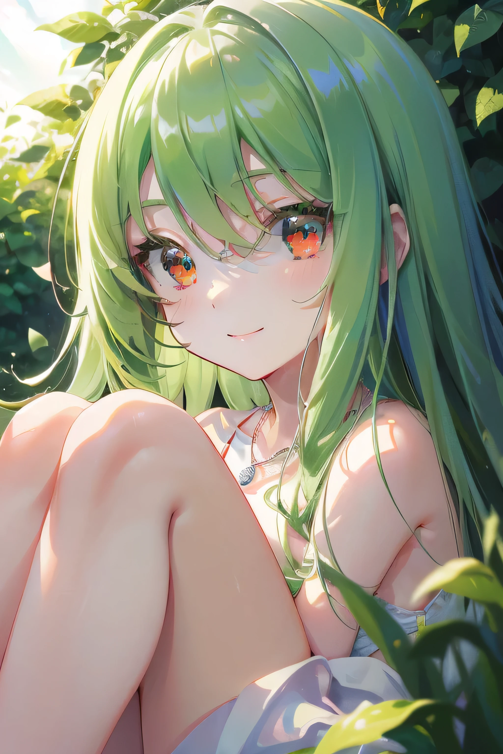 masterpiece, (((HDR))), ((best quality)), (ultra high quality), (hi-res), (((portrait))), (shoulders up), close up, ((1 anime girl)) (((detailed red eyes and white skin))), ((teen)), (((lime green hair))), (bangs left-part), (left part bangs), swept bangs, ((long side locks)), (((long straight hair that goes to her knees))), straight hair, wearing a plain white sleeveless mini dress, wearing tan sandals with no socks, (((small ))), (happy expression), cute, in a garden, short silver necklace with silver heart, looking at viewer, 
