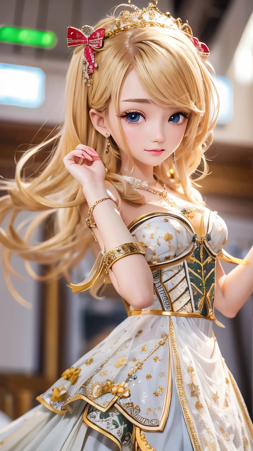 Highest quality,Very detailed,masterpiece,Super detailed,figure,Blonde ,hair ornaments,stand,indoor,can't believe it_Absurd,One girl,Mid-chest,Red nose ,Realistic,Long Hair,summer_dress,Garter Straps,beautiful girl,Waving SV98