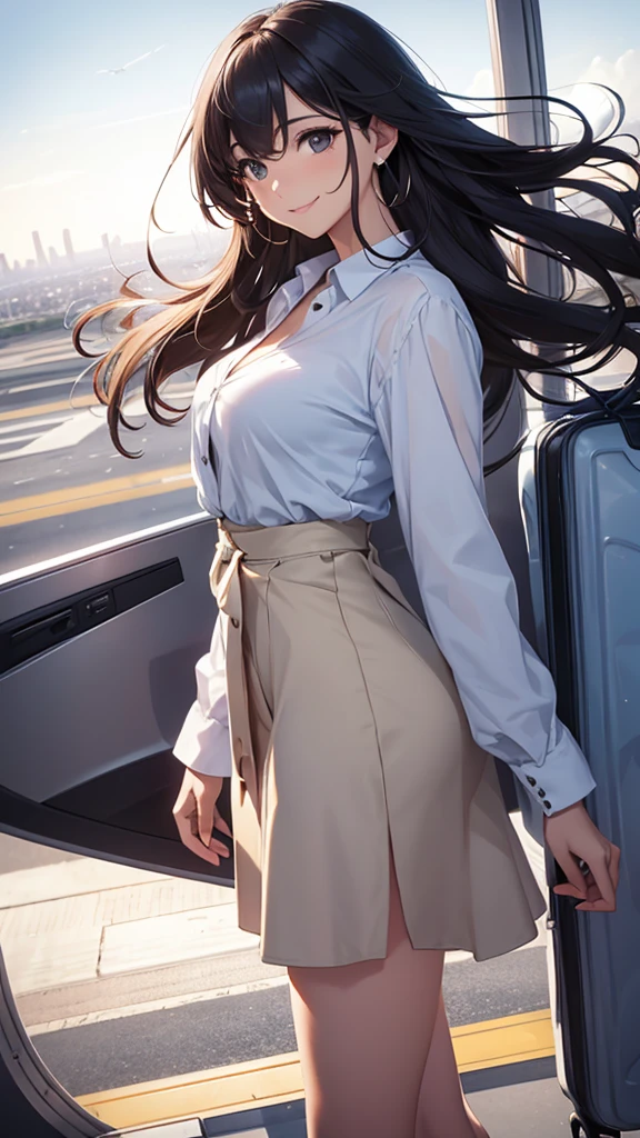 beautiful woman, stop on moving plane in the sky, in the background you can see the horizon and the city, Cabello beige, long hair, very smiling, inclined, White shirt, blue elegant miniskirt, whole body.