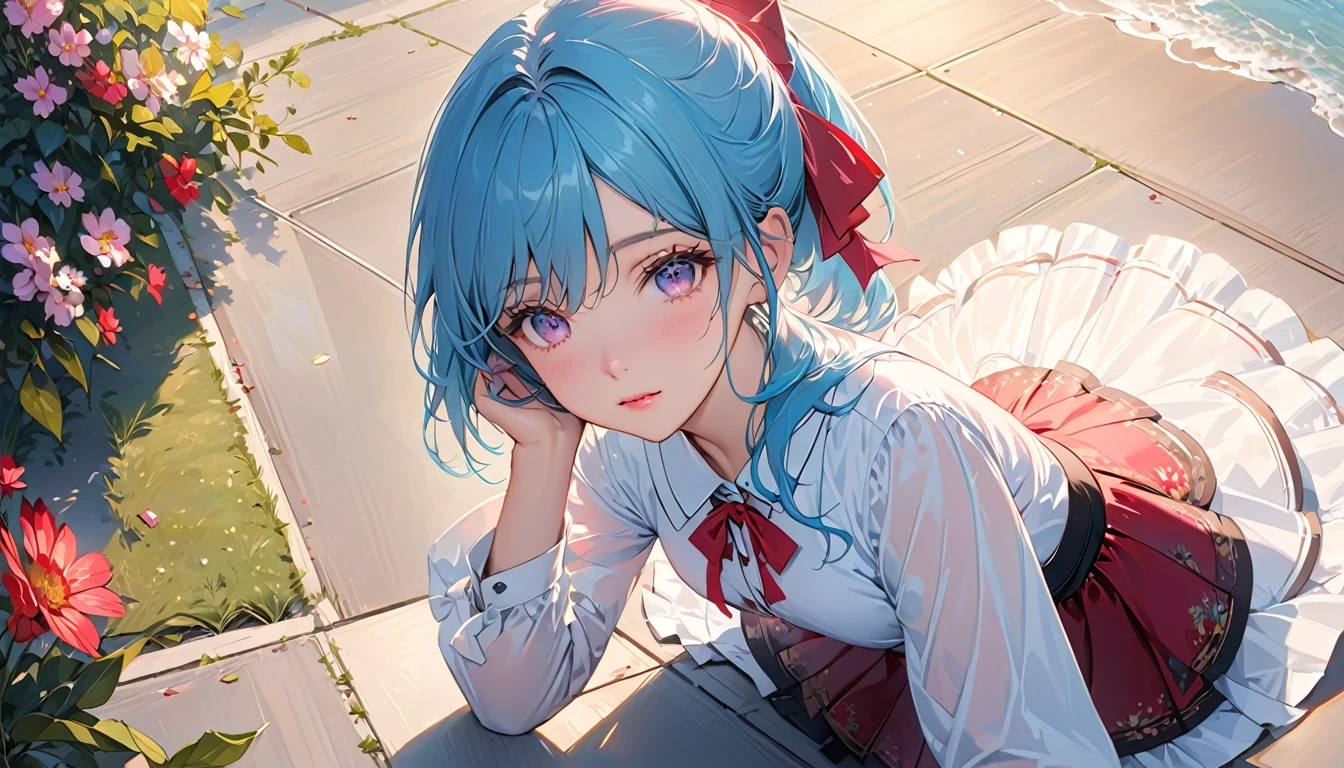 (detailed beautiful eyes and detailed face, masterpiece side light, masterpiece, best quality, detailed, High resolution illustration), (1 girl, beautiful girl, skin shiny), (sky blue hair, pink eyes, skirt, ribbon, button shirt)(Kneeling on the ground)