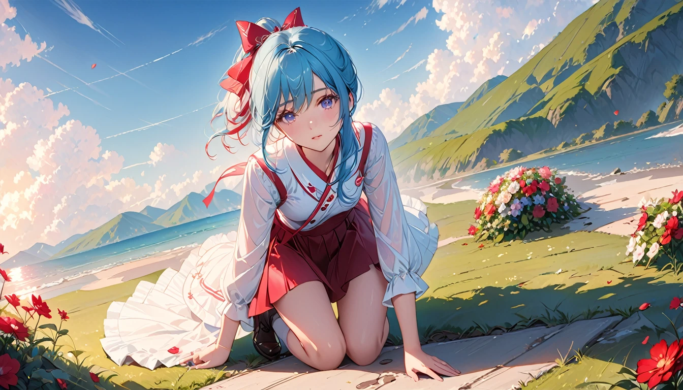 (detailed beautiful eyes and detailed face, masterpiece side light, masterpiece, best quality, detailed, High resolution illustration), (1 girl, beautiful girl, skin shiny), (sky blue hair, pink eyes, skirt, ribbon, button shirt)(Kneeling on the ground)