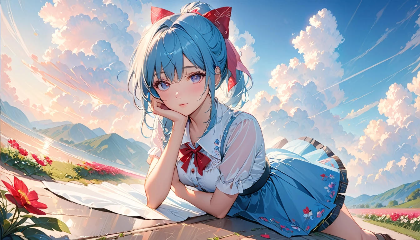 (detailed beautiful eyes and detailed face, masterpiece side light, masterpiece, best quality, detailed, High resolution illustration), (1 girl, beautiful girl, skin shiny), (sky blue hair, pink eyes, skirt, ribbon, button shirt)(Kneeling on the ground)