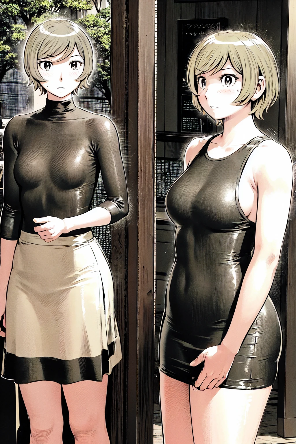 、(masterpiece、Highest quality)、Highest quality, Ultra-high resolution, (((masterpiece))), alone, Sweat、Big eyes, No sleeve、Outdoor、Floral dress、Composition from the front、（Cut the back hair short、short hair、blonde、woman）、Shortcuts、Embarrassed face、Cut your hair short、可愛いwomanの子、Big Breasts、NSFW
