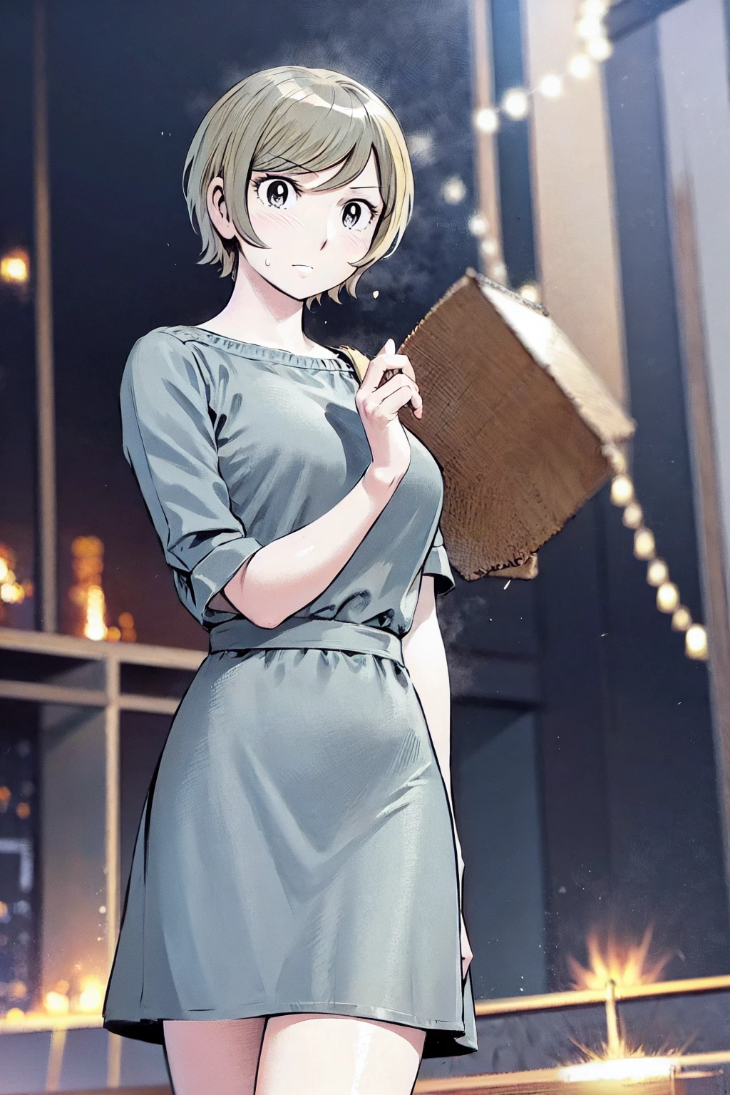 、(masterpiece、Highest quality)、Highest quality, Ultra-high resolution, (((masterpiece))), alone, Sweat、Big eyes, No sleeve、Outdoor、Floral dress、Composition from the front、(Cut the back hair short、short hair、blonde、woman)、Shortcuts、Embarrassed face、Cut your hair short、可愛いwomanの子、Big Breasts、NSFW