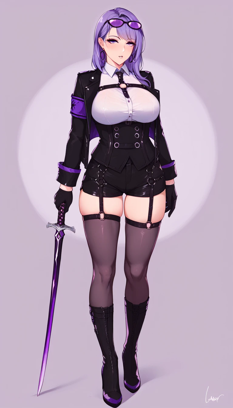 score_9, score_8_up, score_7_up, source_anime BREAK kfka, purple eyes, purple hair, bangs, sidelocks, eyewear on head, earrings, white shirt, collared shirt, long sleeves, black jacket, jacket on shoulders, harness, large breasts, purple gloves, black shorts, high-waist shorts, purple thigh straps, pantyhose, single thigh boot, lips, parted lips, looking at viewer, half-closed eyes, eyeliner, eyelashes, abstract background, purple spider web, purple strands, purple background, blush, purple sword, sword, holding sword, rings, armband, (full body, standing:1.2), fehatk, high heel boots,