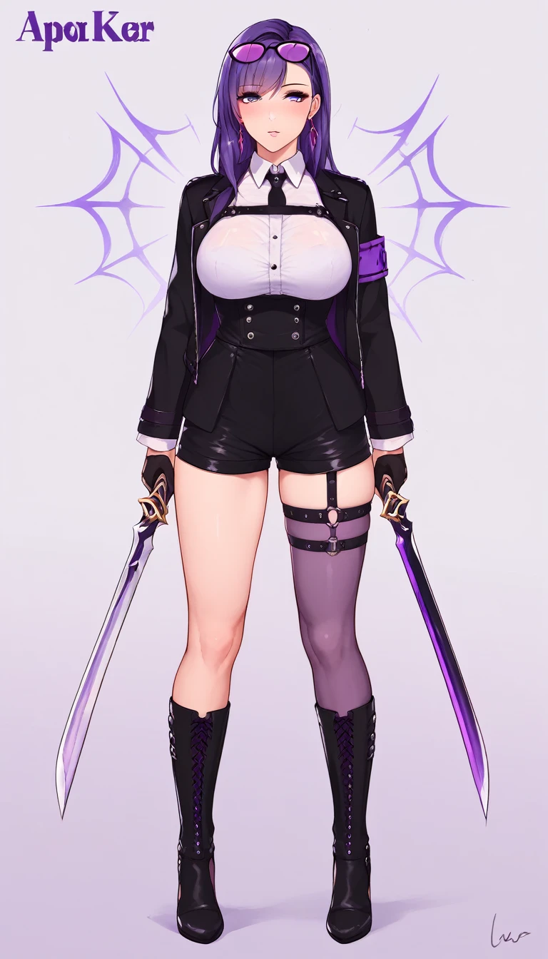 score_9, score_8_up, score_7_up, source_anime BREAK kfka, purple eyes, purple hair, bangs, sidelocks, eyewear on head, earrings, white shirt, collared shirt, long sleeves, black jacket, jacket on shoulders, harness, large breasts, purple gloves, black shorts, high-waist shorts, purple thigh straps, pantyhose, single thigh boot, lips, parted lips, looking at viewer, half-closed eyes, eyeliner, eyelashes, abstract background, purple spider web, purple strands, purple background, blush, purple sword, sword, holding sword, rings, armband, (full body, standing:1.2), fehatk, high heel boots,
