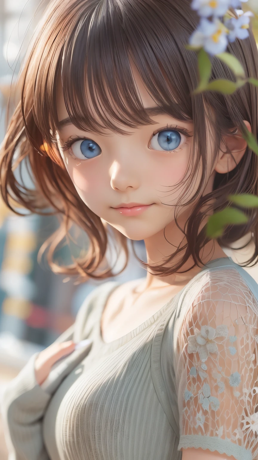 (8K, Highest quality, masterpiece: 1.2), Super detailed, Highest quality, Ultra-high resolution, Professional Lighting, Photon Mapping, Radio City, Physically Based Rendering, Cinema Lighting, Depth of written boundary, focus on, Light of the sun, Good composition, (Bokeh: 1.2), 1 Girl, (whole body), smile, Beautiful Eyes, Pause, narrow, Brown Hair, short hair, Prairie Blouse Light Blue, skirt,garden,hand {refer tos} cute {refer to} hand,