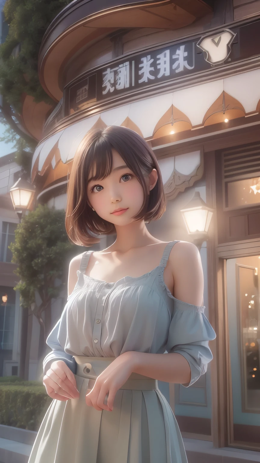 (8K, Highest quality, masterpiece: 1.2), Super detailed, Highest quality, Ultra-high resolution, Professional Lighting, Photon Mapping, Radio City, Physically Based Rendering, Cinema Lighting, Depth of written boundary, focus on, Light of the sun, Good composition, (Bokeh: 1.2), 1 Girl, (whole body), smile, Beautiful Eyes, Pause, narrow, Brown Hair, short hair, Prairie Blouse Light Blue, skirt,garden,hand {refer tos} cute {refer to} hand,