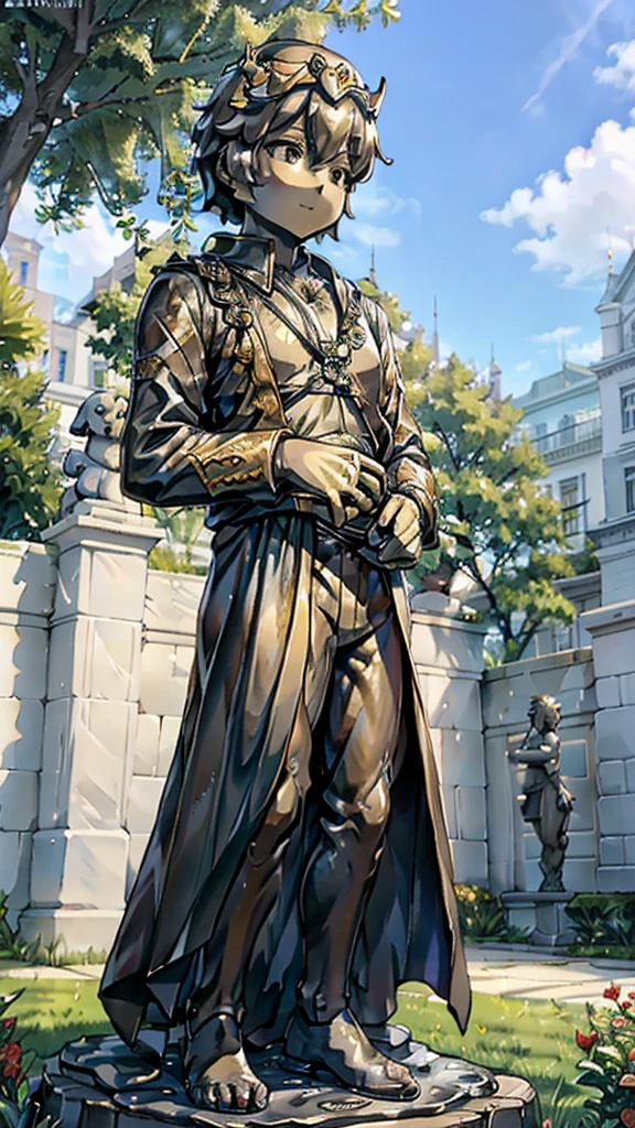 王子的黄金statue，Prince style，Prince costume，宫廷Dress，黄金statue，男孩的黄金statue，带着黄金冠冕的黄金statue，脚边停着一只燕子的黄金statue，金色男孩statue，黄金statue，Dress，Dress，西式宫廷男士Dress，Cute boy，British style，Victorian style，crown，crown，Golden Boy Sculpture，金色男孩statue，黄金statue，佩剑的黄金statue，腰带上挂着配剑的黄金statue，statue，statue，statue，巨大金色statue，巨大金色statue，Outdoor Background，微笑的statue，