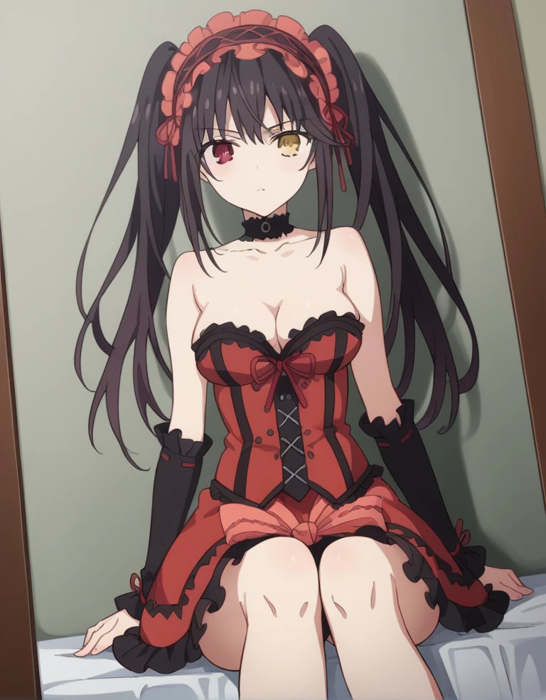 score_9, score_8_up, score_7_up, source_anime, kurumitokisaki, kurumi tokisaki, black hair, red eyes, long hair, twintails, yellow eyes, hairband, heterochromia, dress unbuttoned, red dress unbuttoned, bare shoulders, collarbone, choker, bowtie, red bowtie, detached sleeves, corset unbuttoned, frills, cleavage unbuttoned,sitting,legs open, looking at viewer, cowboy shot, dutch angle,showing ????? breasts, medium breasts, showing ????? breasts ,????? breasts nipples,semi ?????,short height,(cowboy photo: 1.5)