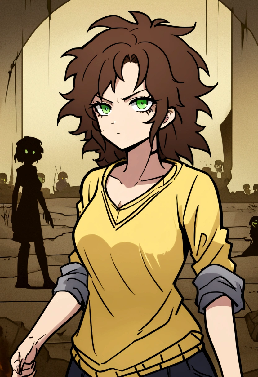 A survivor girl, apocalypse zombie, badass dodging a zombie, logotype, Manhwa Style, abstract artistic, green eyes, long brown messy hair, wearing a yellow sweater, rolled up sleeves