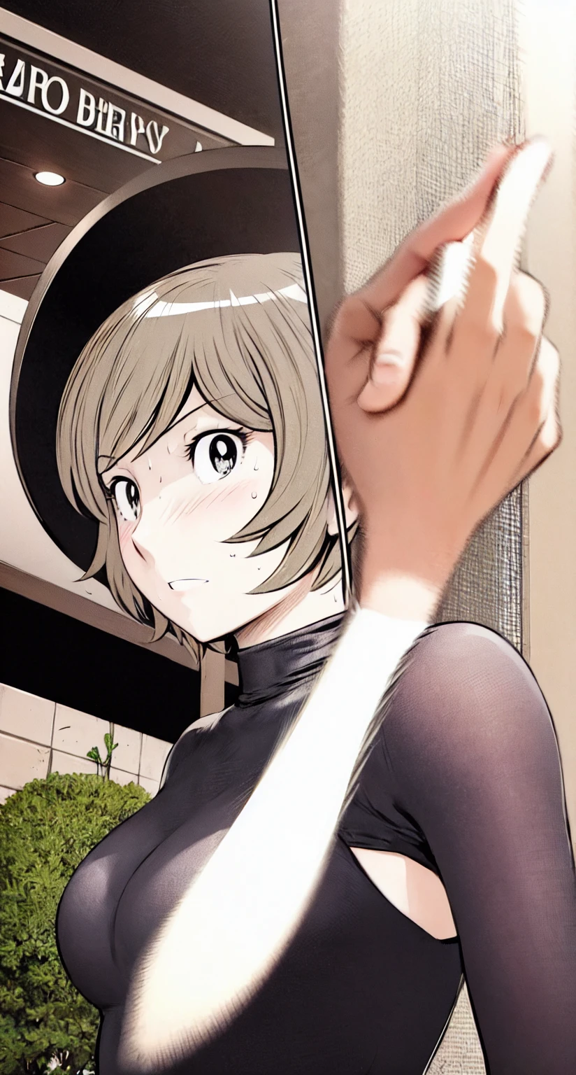 、(masterpiece、Highest quality)、Highest quality, Ultra-high resolution, (((masterpiece))), alone, Sweat、Big eyes, Please show me your armpits, No sleeve、Outdoor、Floral dress、Composition from the front、(Cut the back hair short、short hair、blonde、woman)、Shortcuts、Embarrassed face、Cut your hair short、可愛いwomanの子、Big Breasts