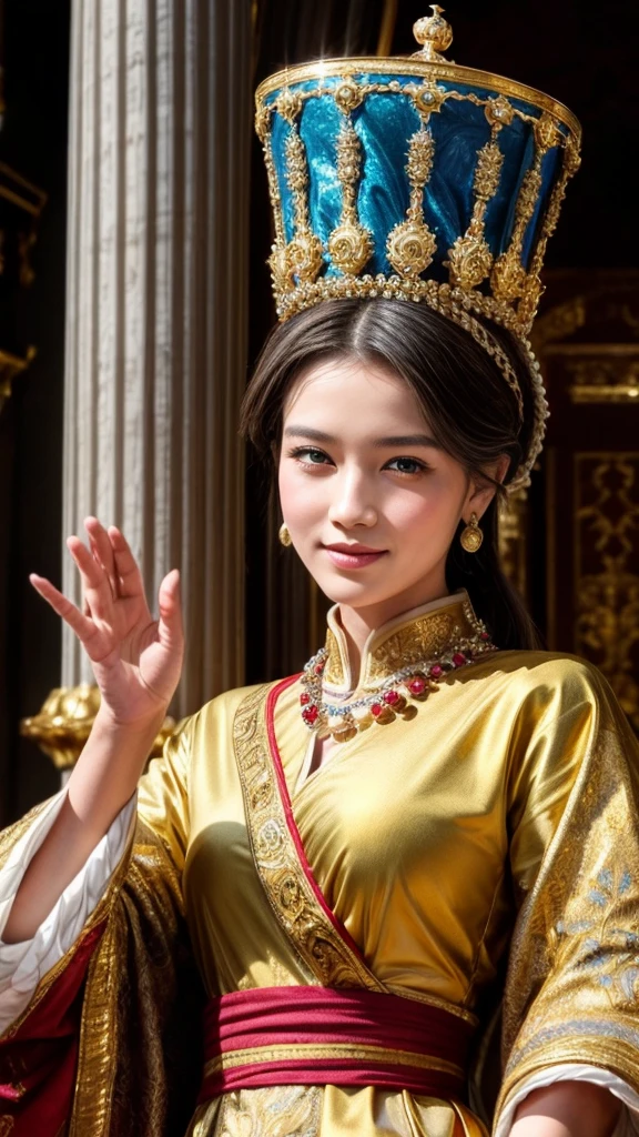 a beautiful regal queen waving to the crowd from a palace terrace, intricate gold crown, ornate royal guards, ornate architecture, grand palace, detailed facial features, elegant posture, opulent gold and jewel-toned robes, dramatic lighting, photorealistic, 8k, masterpiece, cinematic, highly detailed