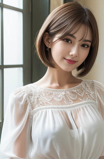 ((masterpiece)), ((Highest quality)), ((Complex)), ((Surreal)), (Realistic), (Mature Woman), ((There are no classes)), Very detailed, (1 female), Beautiful and exquisite, (Beautiful Teeth), Grin, Brunette Bob Hair, Brown eyes, ((blouse)), (Upper Body), (background:none), Perfect Eyes, Captivating eyes, Looking at the audience