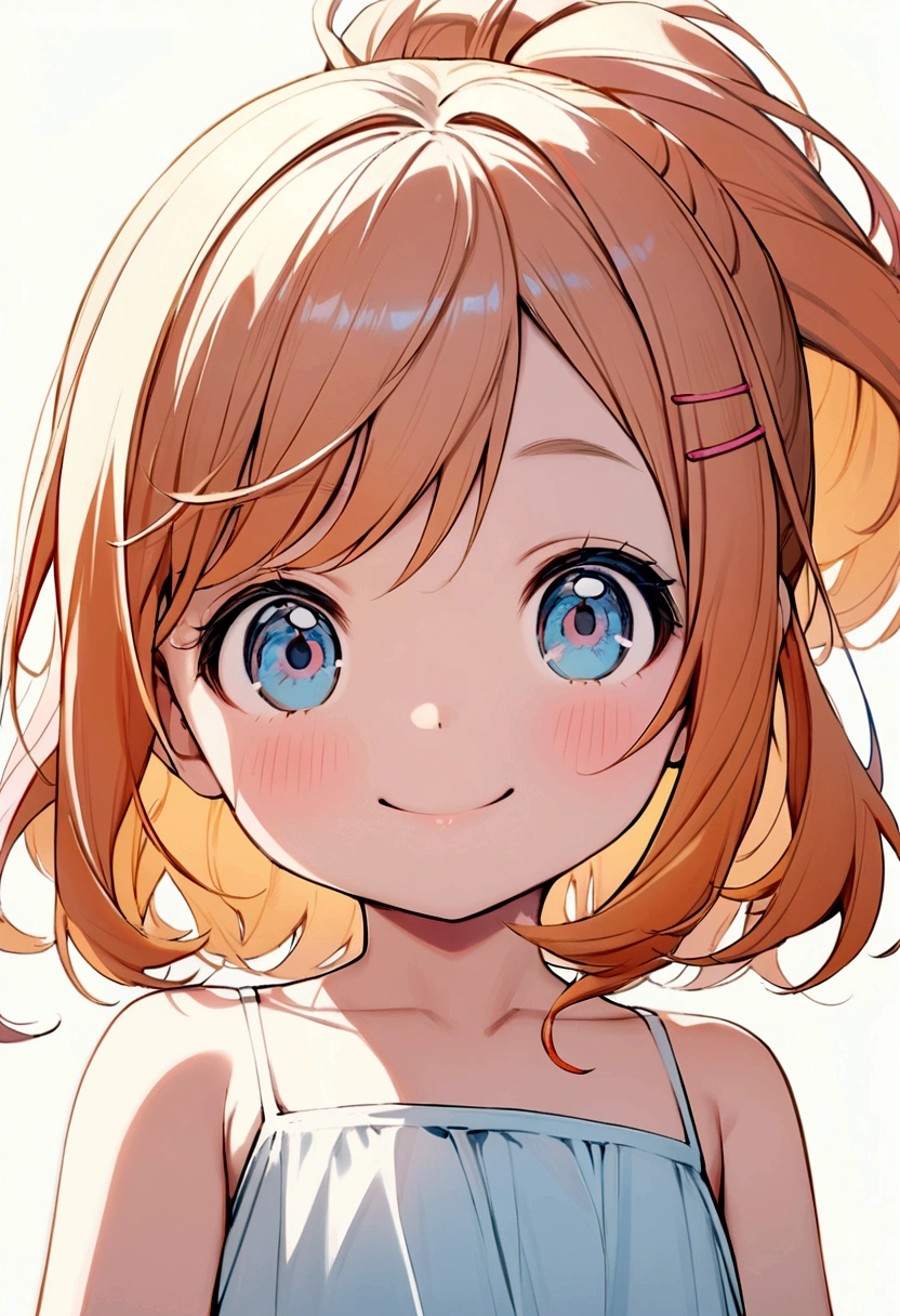 6 year old girl, orange hair, shoulder length ponytail, pink clip, dark blue eyes, light blue spaghetti strap dress, white t-shirt inside. smiling