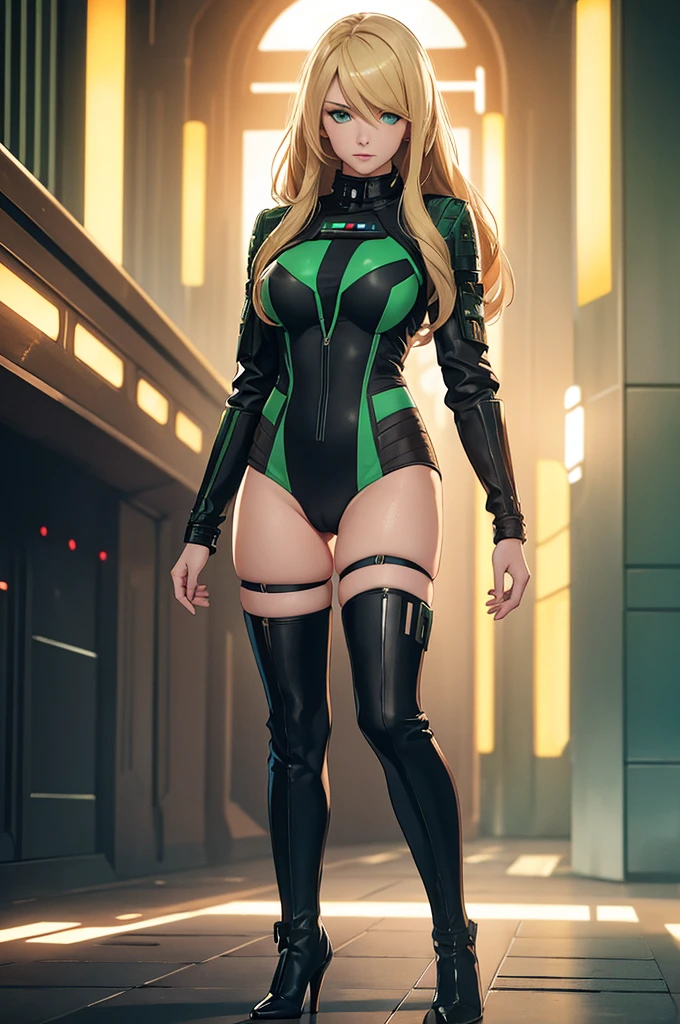 Female senator from Star Wars. Politcian. Coruscant background. Young, fit. Blonde longer hair. Green eyes. Wearing tight clothing. Visible stockings. High heel boots. Clothing is high class. Visible cameltoe