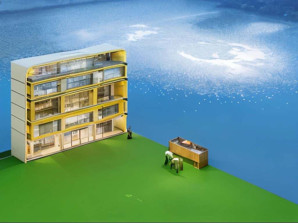 (masterpiece),(best quality:1.5), (ultra highres:1.5),Cuboid building、Bright night sky、Lawn chair and desk、5 floors、A building with only glass on the front and concrete on the rest、A giant sits on a building、People in the building々is coming and going、There are tables, offices, chairs, etc. inside the building.々The furniture is arranged、Shining stars and moon in the sky、People in a building through glass々is visible through