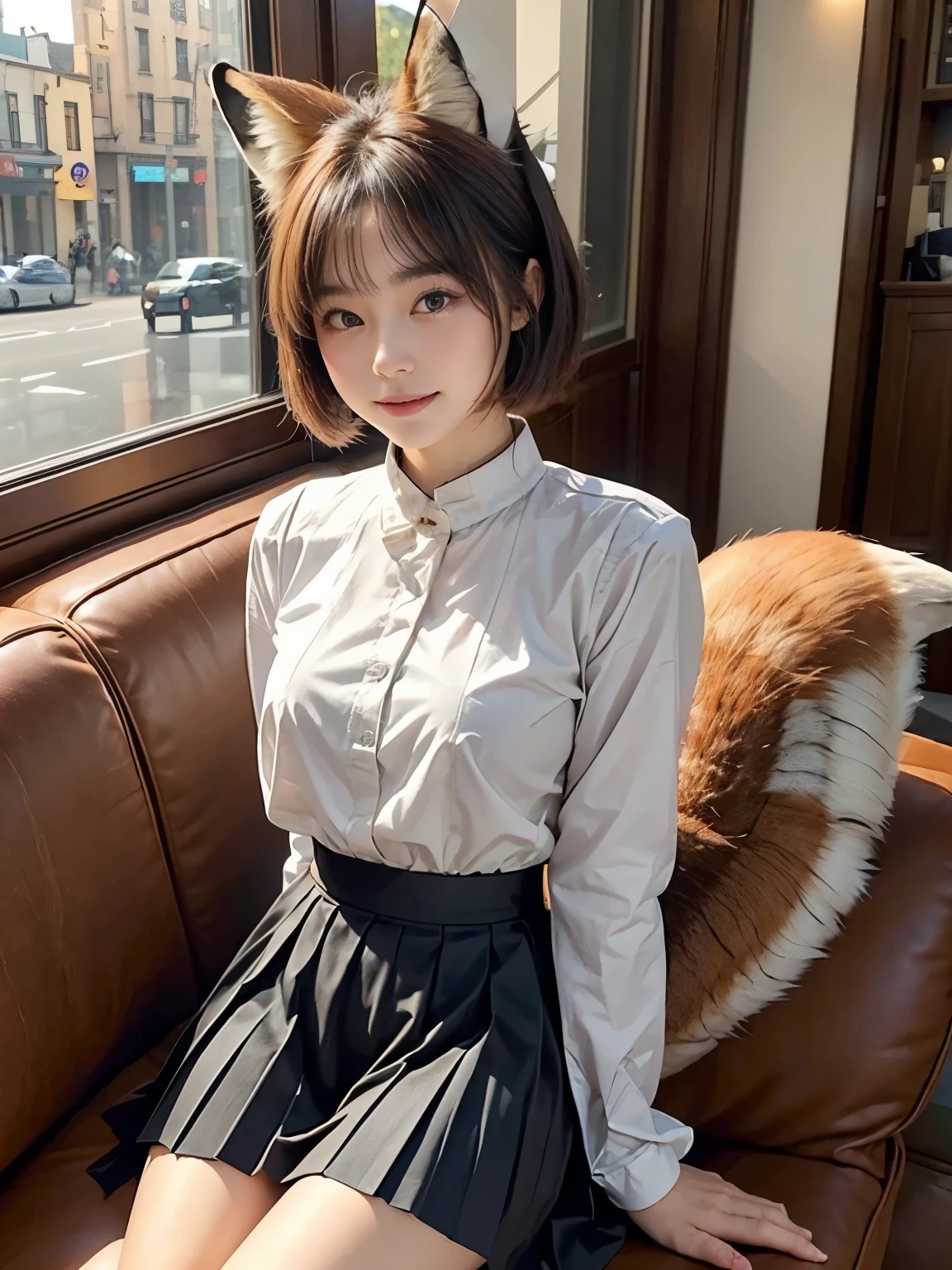 ((Highest quality, 32k)), ((masterpiece)), (Familiar), Perfect Face, pretty girl, She is sitting on a sofa in a cafe in the city., She is relaxing and drinking tea, She has a bushy tail, (She has a fox tail.:1.5),She stands up her fluffy tail, Beautiful hip line, Small breasts, She is wearing a neat blouse and pleated skirt., A bushy tail is visible from under her skirt,, Slender body, The tail comes out from the inside of the skirt, (A fox tail protrudes from the inside of the skirt hem.:1.4), The base of her tail is hidden under her skirt.