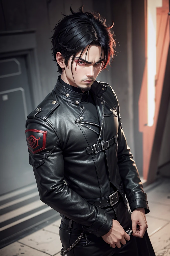 round-faced, emo/goth man with short hair, with bright ¡¡RED EYES!!, long thick goatee and serious and intimidating expression, wearing leather clothing, muscular