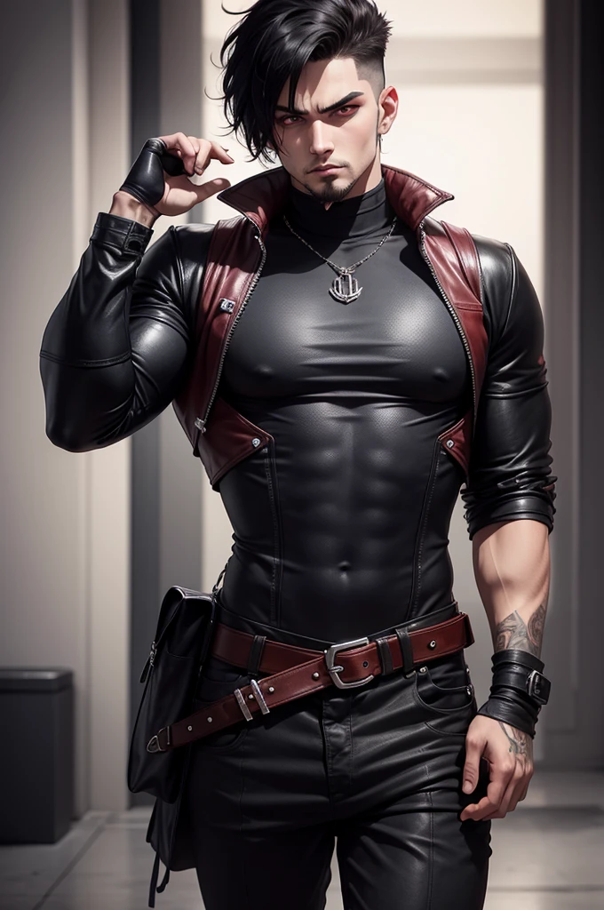 round-faced, emo/goth man with short hair, with bright ¡¡RED EYES!!, long thick goatee and serious and intimidating expression, wearing leather clothing, muscular
