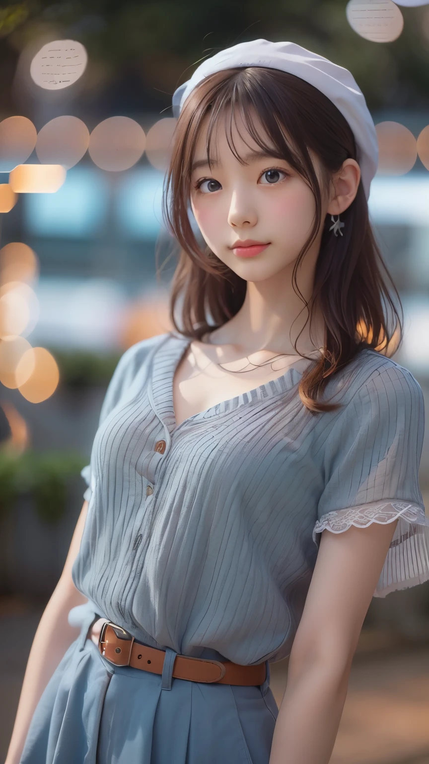 (8K, Highest quality, masterpiece: 1.2), Super detailed, Highest quality, Ultra-high resolution, Professional Lighting, Photon Mapping, Radio City, Physically Based Rendering, Cinema Lighting, Depth of written boundary, focus on, Light of the sun, Good composition, (Bokeh: 1.2), 1 Girl, (whole body), smile, Beautiful Eyes, Pause, narrow, Brown Hair, short hair, Prairie Blouse Light Blue, skirt,garden,hand {refer tos} cute {refer to} hand,