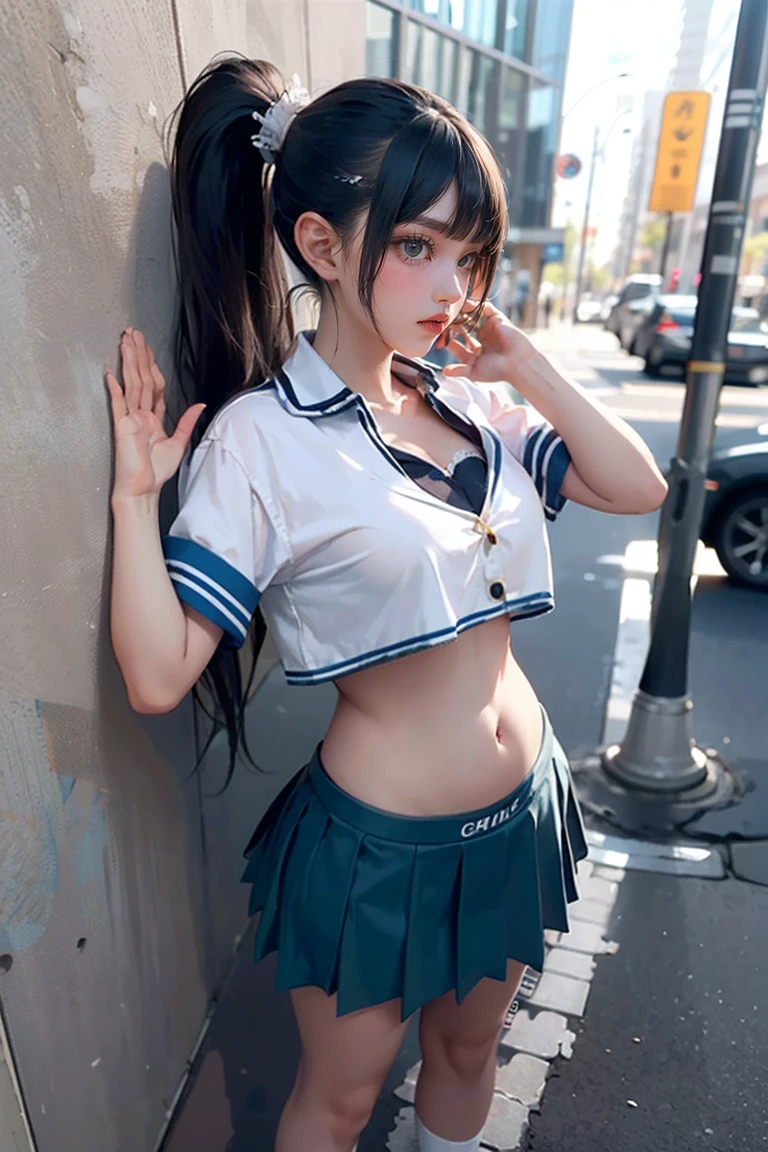 (((????1.2)))，masterpiece, Premium Quality, Highly detailed CG Unity 8k wallpaper, Ultra-realistic 8k CG, Perfect artwork, Hourglass-shaped body shape, Dramatic Shadows, (Spotlight, Perfect lighting, Detailed light, (((1 Girl ))), ((Sharp Face)), ((Lead Hair, ponytail)), (((???? pose))), Model Body Type, I can see your belly button, Big and ample ???????, (Asymmetrical bangs, Beautiful eyelashes, Green Eyes), Beautiful Face, (Beautiful bust line: 1.2), (Cleavage), beautiful girl, Exquisite features that represent a perfect face, school girl, expensive , Sailor suit, Pleated skirt, loose socks, In front of a wall covered in graffiti, night,Full Body Shot,Centered