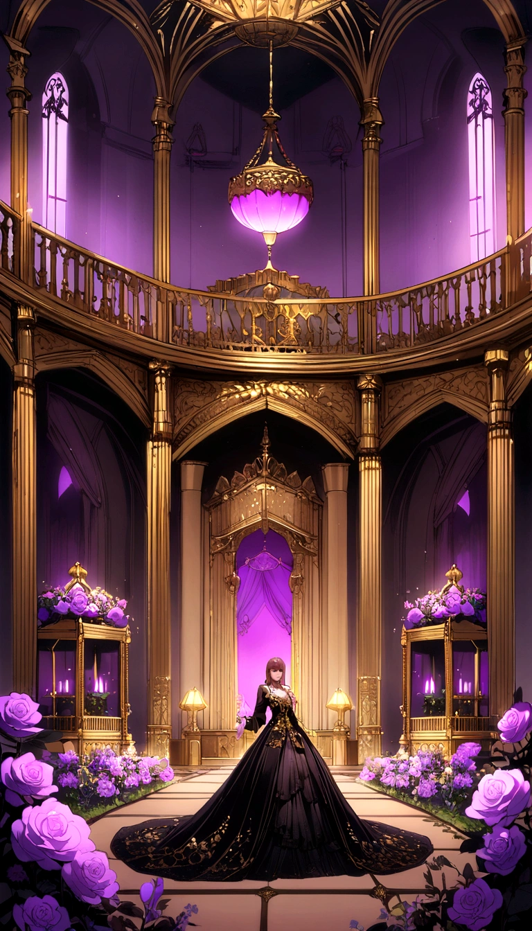 A large palace with dark walls, Golden roof, Gold furniture, Big garden, Various flowers, Majestic , purple lighting , Darker, more sinister