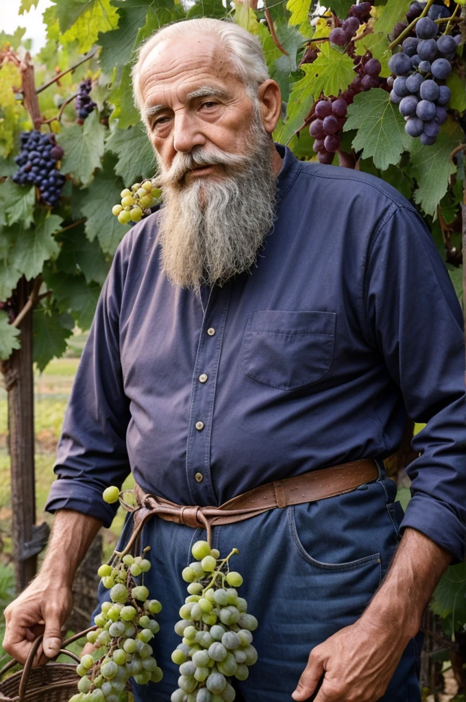 old man 80 years old beard big bunch of grapes vineyard