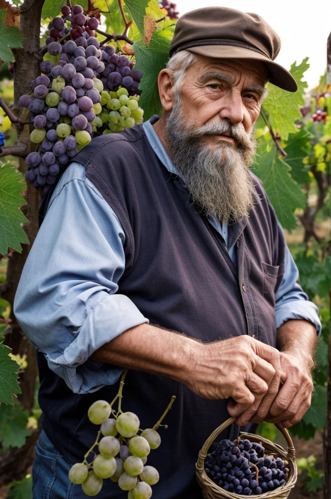 old man 80 years old beard big bunch of grapes vineyard