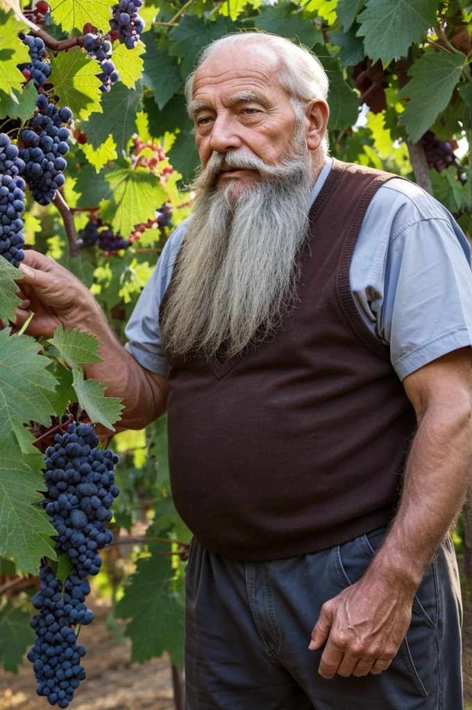 old man 80 years old beard big bunch of grapes vineyard