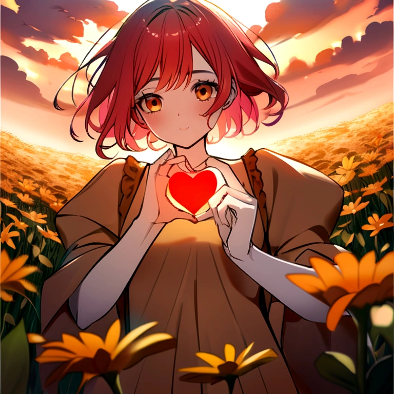 In high quality Female character white skin color light red hair , beige and brown clothing , making heart with the hand, background clouds field flowers